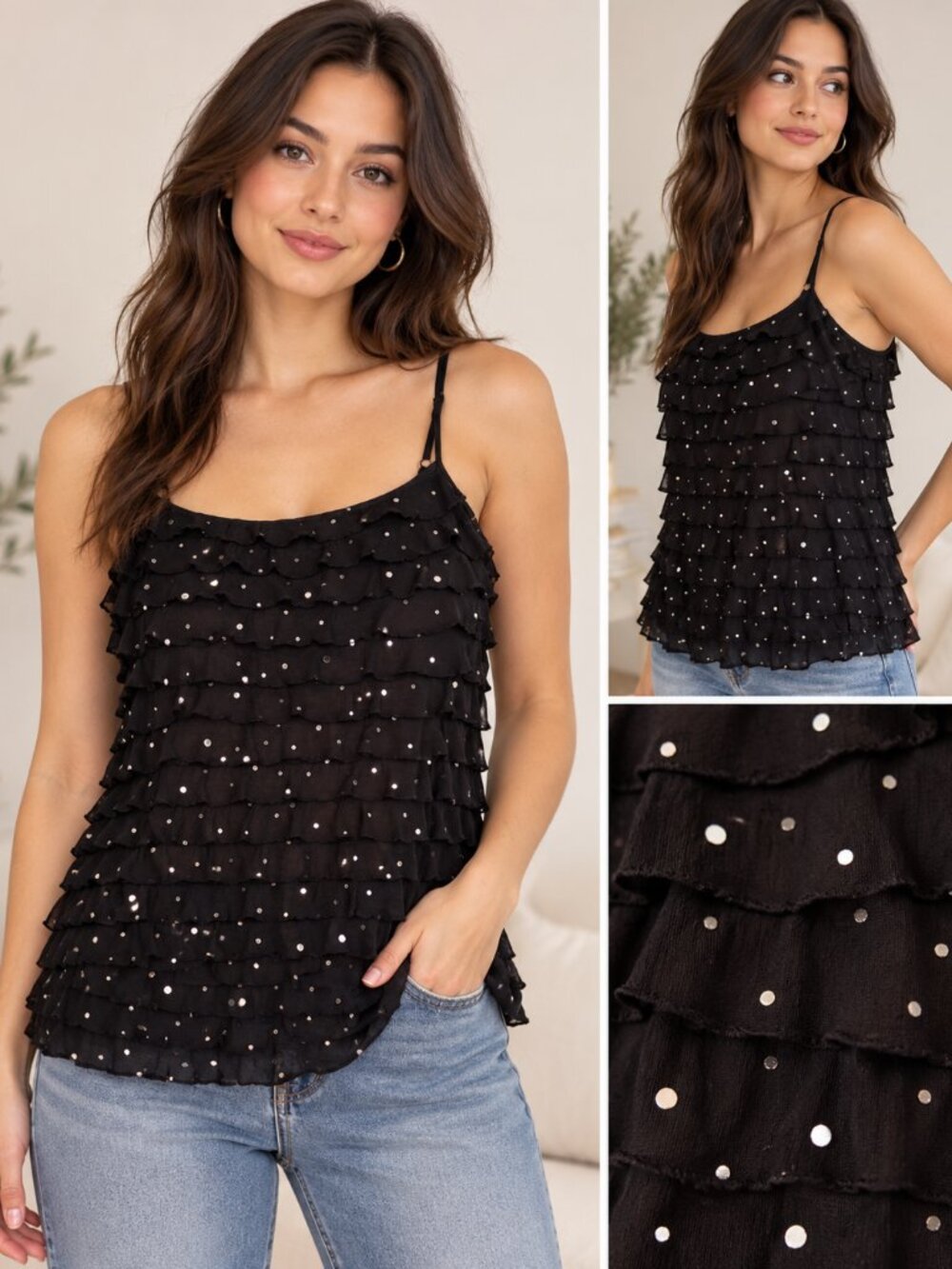 Black Ruffle Sequin Spaghetti Strap Camisole Top